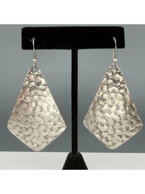 Hammered Silver Tone Matte Textured Geometric Dangle Earrings Boho